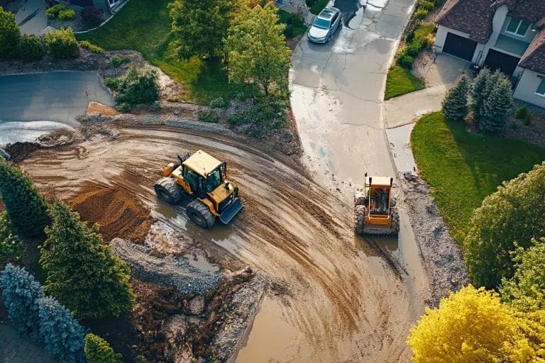 Aerial view of professional lot clearing equipment working on residential property in Johnson City Tennessee