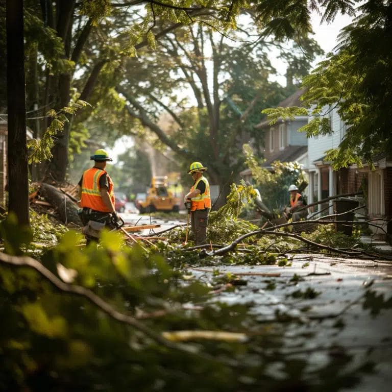 Tree service workers in orange safety vests and hard hats using chainsaws to clear fallen tree branches and debris from a residential street after storm damage, with houses visible in the background.