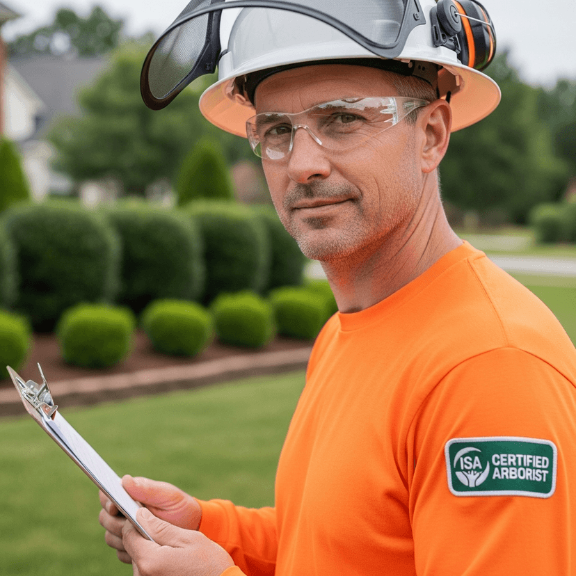 Certified arborist wearing safety gear and holding a clipboard while inspecting a landscaped yard.